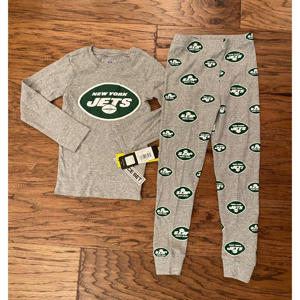 NFL New York Jets Kids Pajama Set Gray Long Sleeve Top Pants 2pc M 5/6 NEW